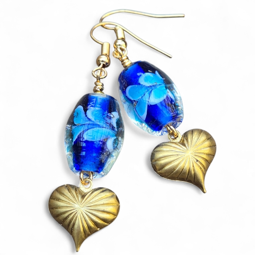 Vintage Blue Flower Handmade Lampwork Brass Puffy Heart Charm Earrings New